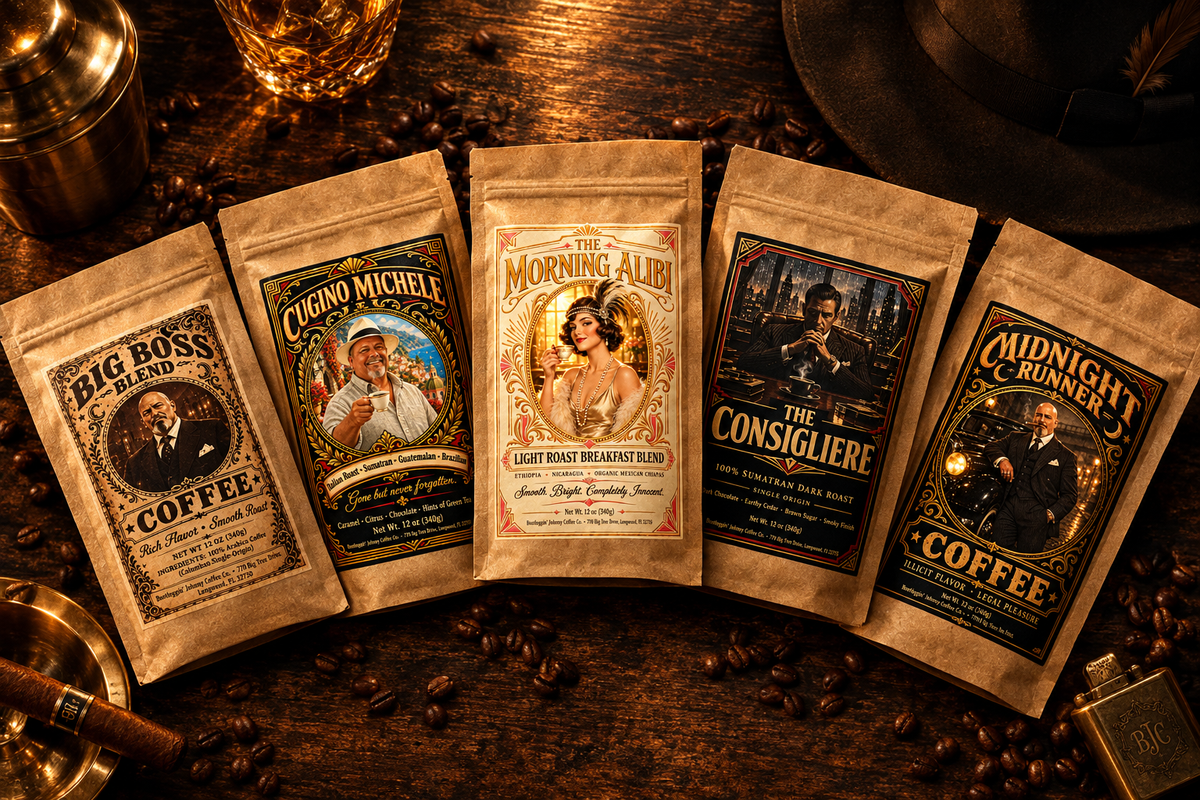 Bootleggin' Johnny 5-pack coffee sampler in brown kraft pouches with vintage character labels