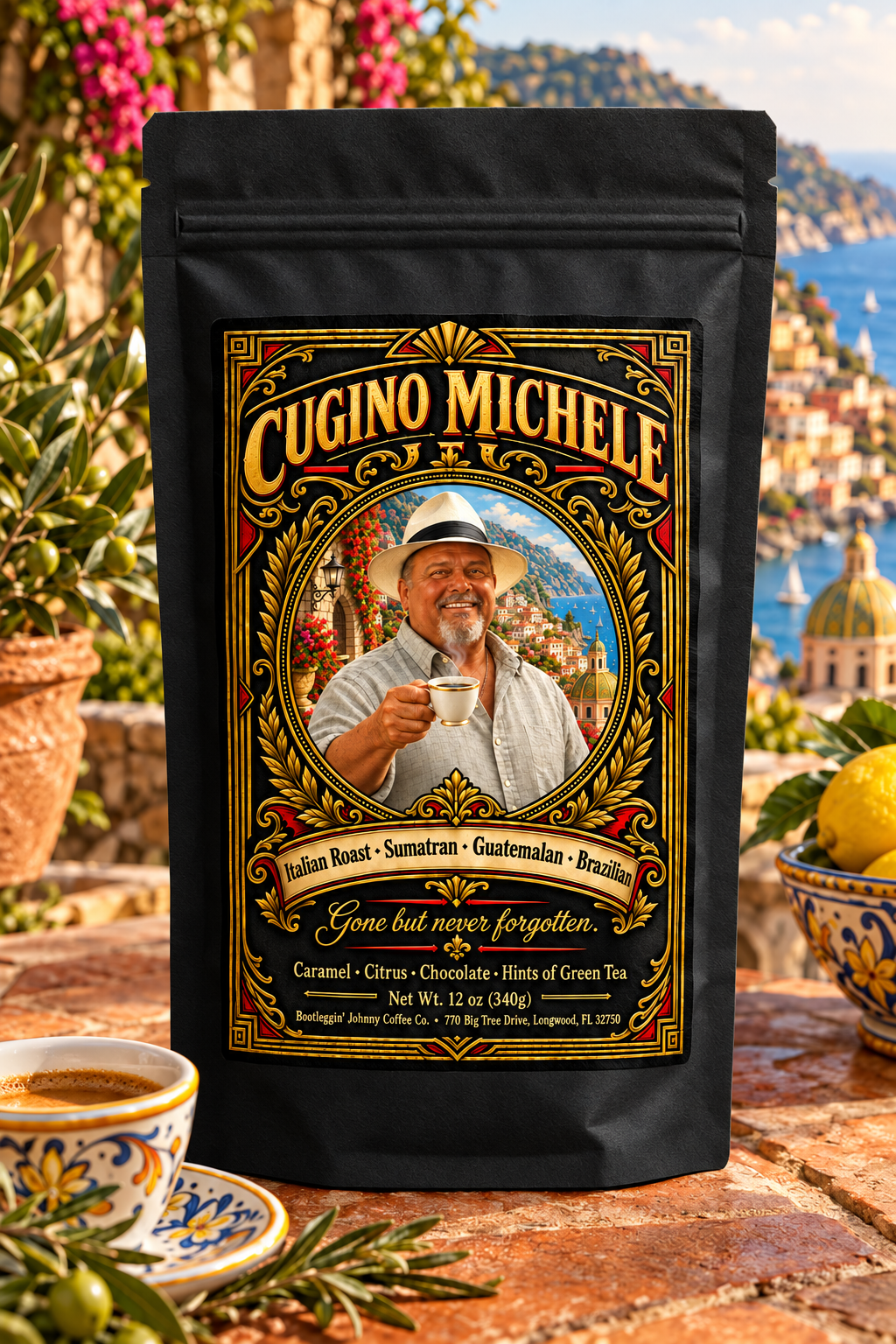Bootleggin' Johnny Cugino Michele Italian Roast 12 oz matte black coffee bag